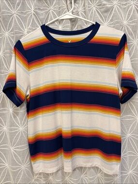 American Eagle Outfitters Navy Tee with Red, Orange & Yellow Stripes